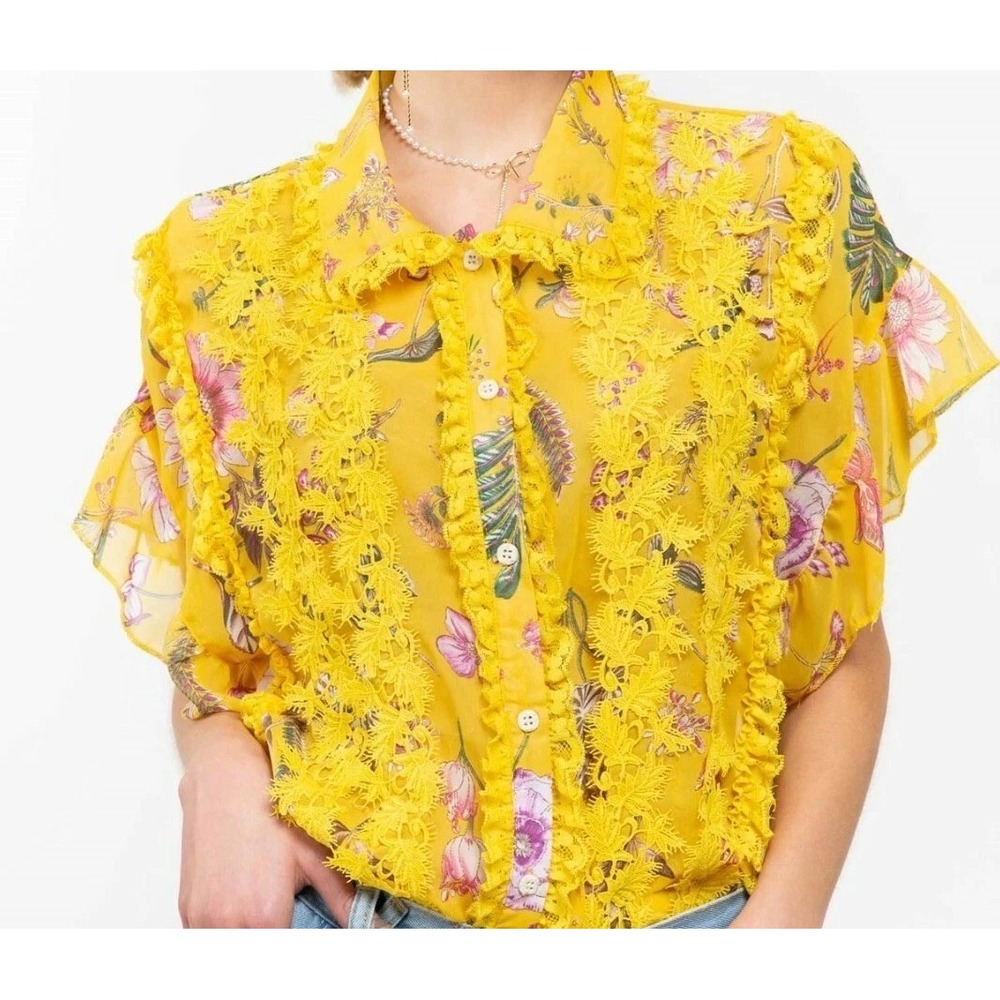 Pol Women's Floral Blouse M Sheer Yellow Lace Trim Button Up Floral Cottage